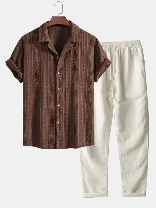 Geometric Jacquard Eyelet Cuban Shirt & Straight Leg Linen Pants - coffee / S - Two Pieces Outfits