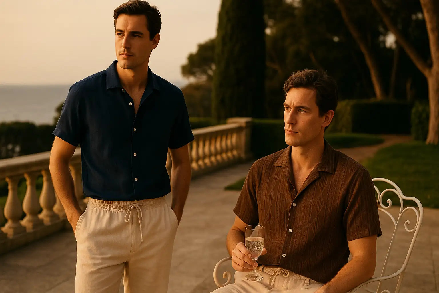 Navy blue polo shirt with white buttons and drawstring waist pants, casual wear for men.