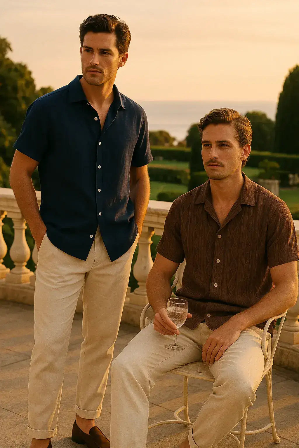 Navy blue short-sleeved button-down shirt with white stripes, made of cotton.