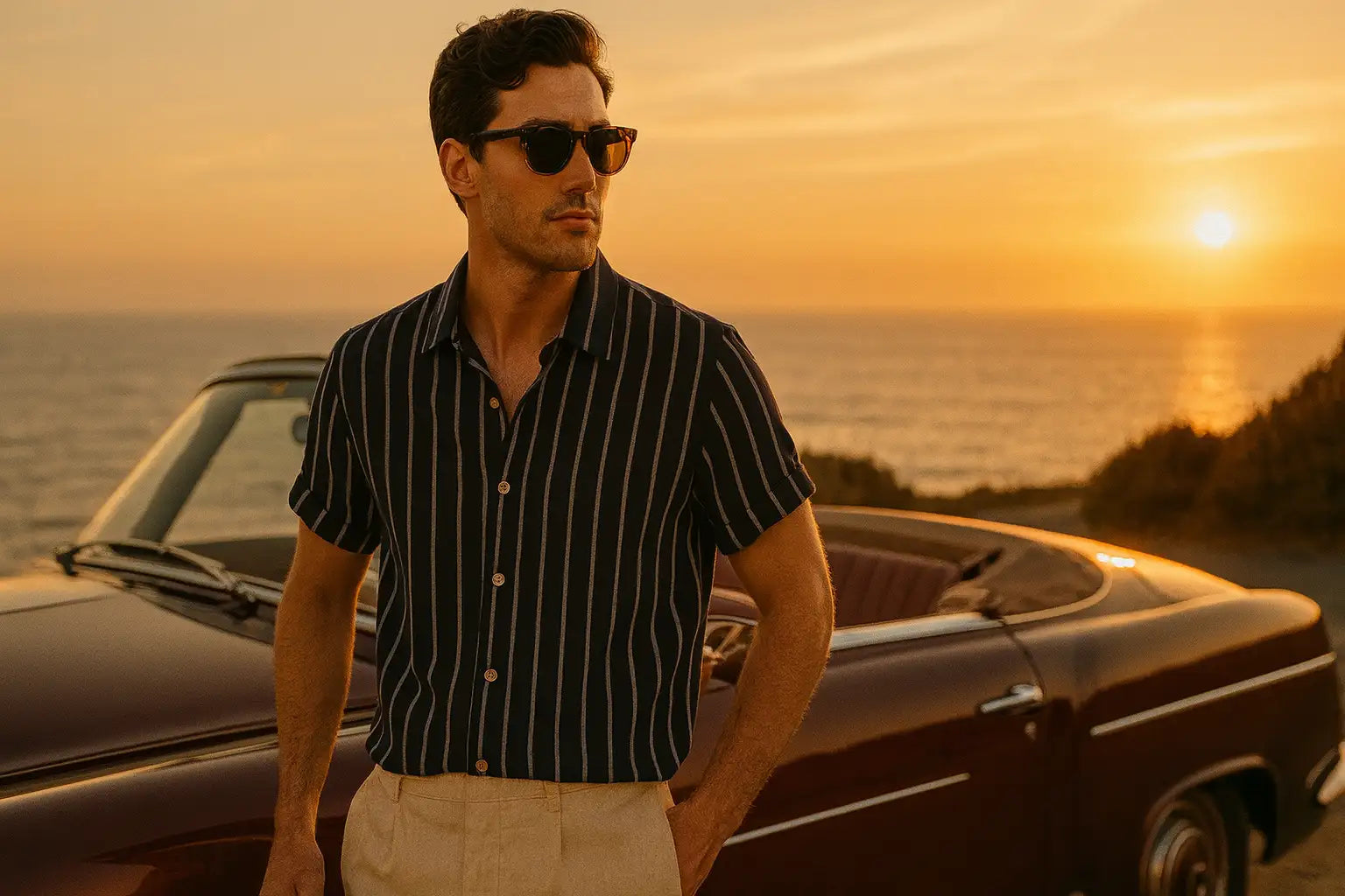 Striped navy blue and white button-down shirt with a classic collar, short sleeves, and a relaxed fit.